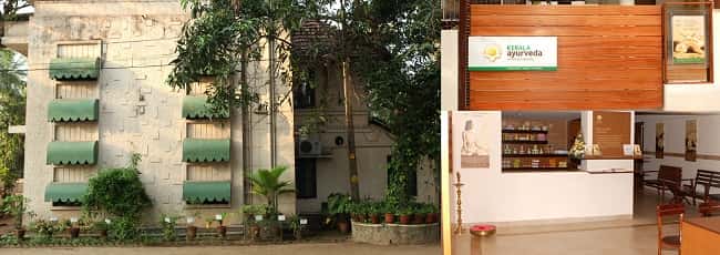 Exterior view of a building with green awnings and an interior reception area of a wellness center.