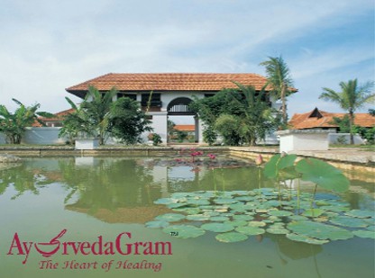 A tranquil retreat with a pond, lotus plants, and traditional architecture under a blue sky.