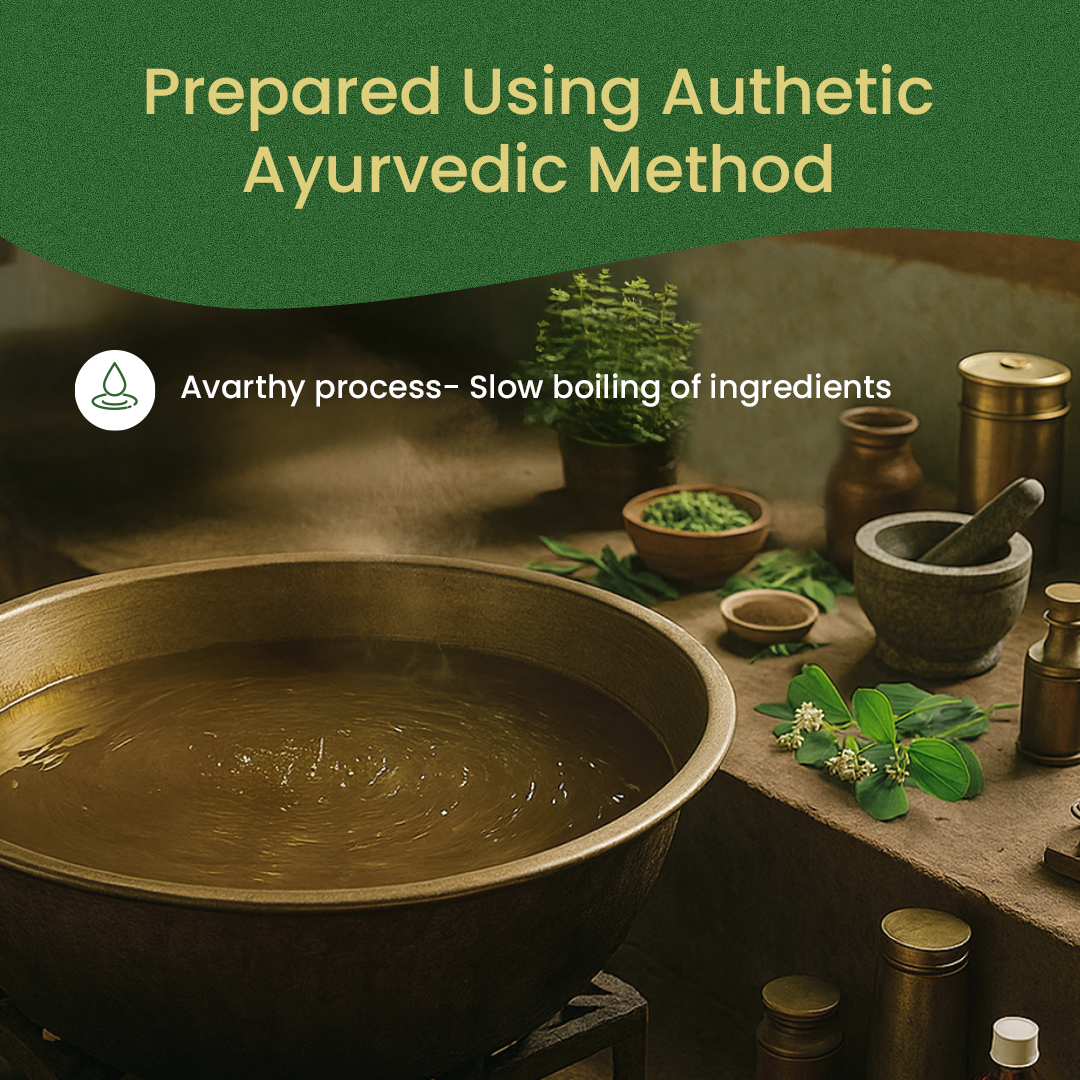 Traditional Avarthy slow-boiling of herbs in a brass vessel, capturing the authentic ayurvedic method behind Brahmi Pearls capsules – Kerala Ayurveda India