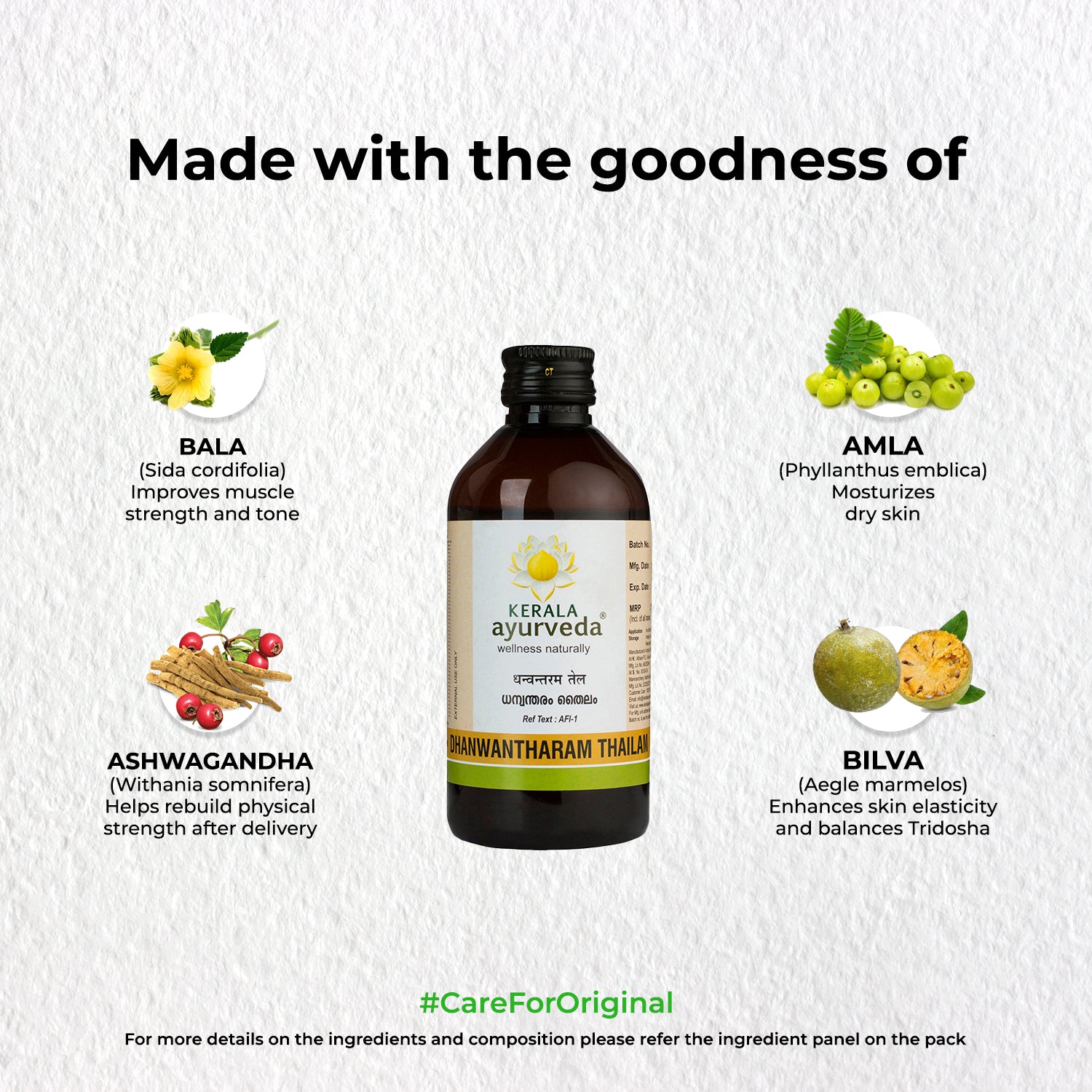 “Made with the goodness of” visual linking Bala, Amla, Ashwagandha & Bilva to dhanwantharam thailam benefits for muscle tone and moisturised skin
