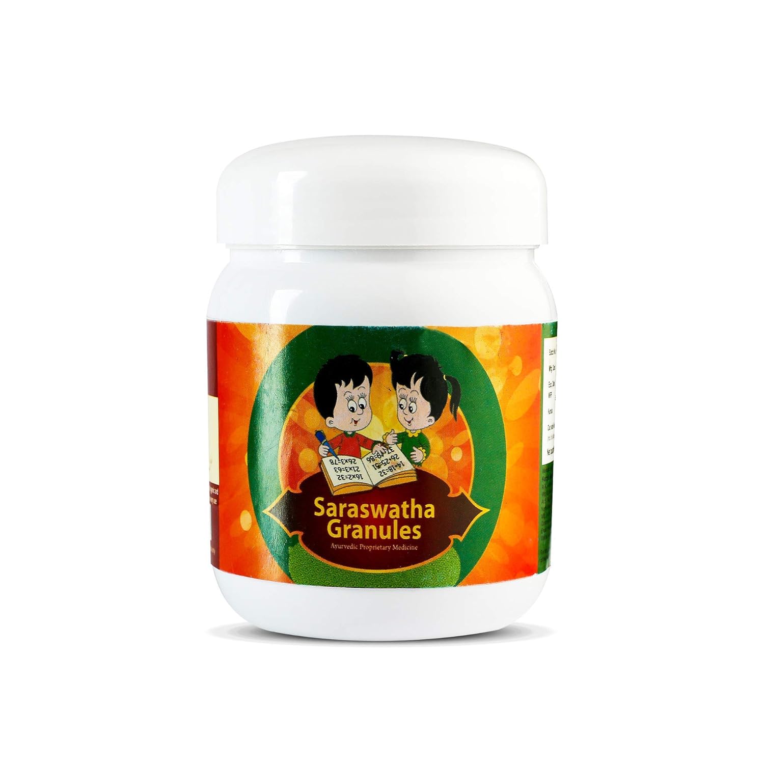Front view of a white plastic jar of Kerala Ayurveda Saraswatha Granules with a white lid. The label features a colorful illustration of two children studying, with the product name "Saraswatha Granules Ayurvedic Proprietary Medicine". – Kerala Ayurveda India