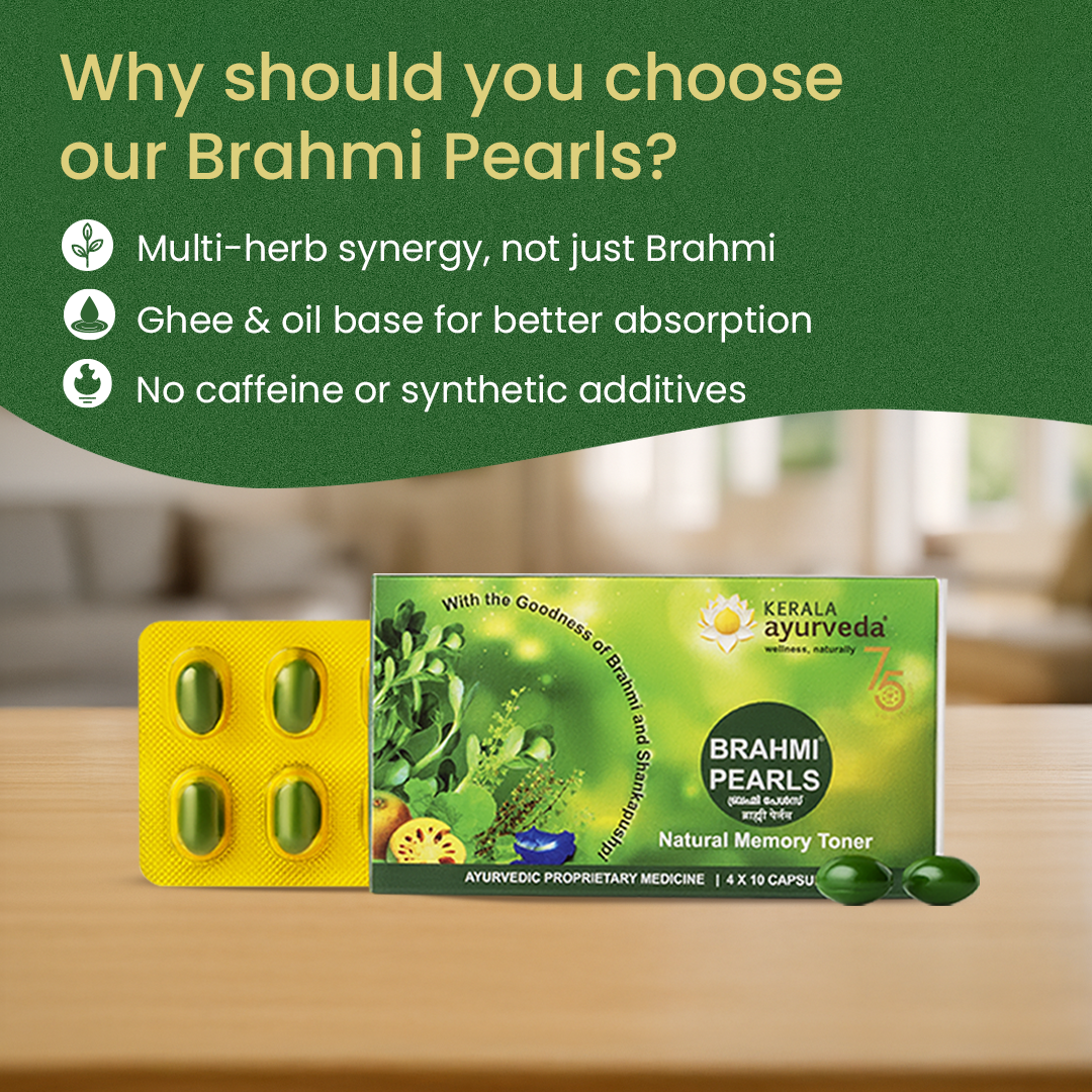 “Why choose our Brahmi Pearls” graphic detailing multi-herb synergy, ghee-oil absorption and additive-free formula, positioning them as the preferred ayurvedic brain tonic – Kerala Ayurveda India