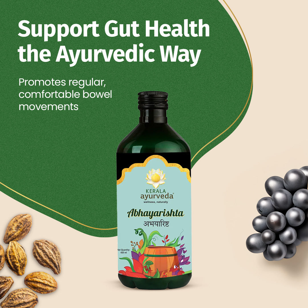 Lifestyle banner reading “Support Gut Health the Ayurvedic Way,” with the Abhayarishta bottle set against a green-tan backdrop and surrounded by haritaki pods and grapes – Kerala Ayurveda India