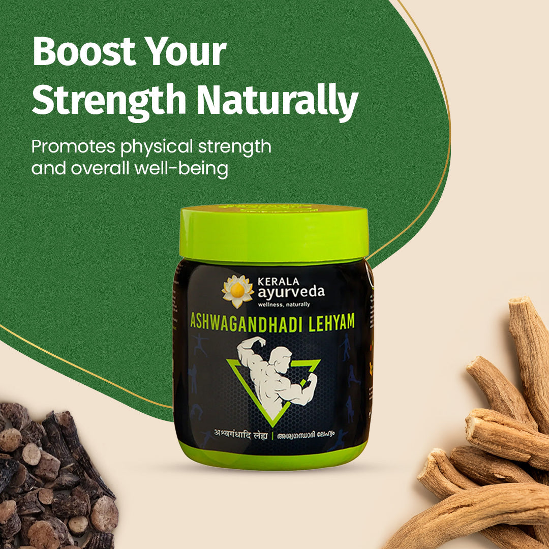 Boost your strength naturally banner featuring Ashwagandhadi Lehyam jar beside ashwagandha roots, positioning it as a trusted stamina booster lehyam – Kerala Ayurveda India