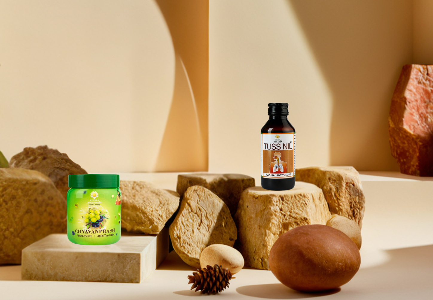 Two health product containers are displayed on natural stone blocks against a soft, neutral background.