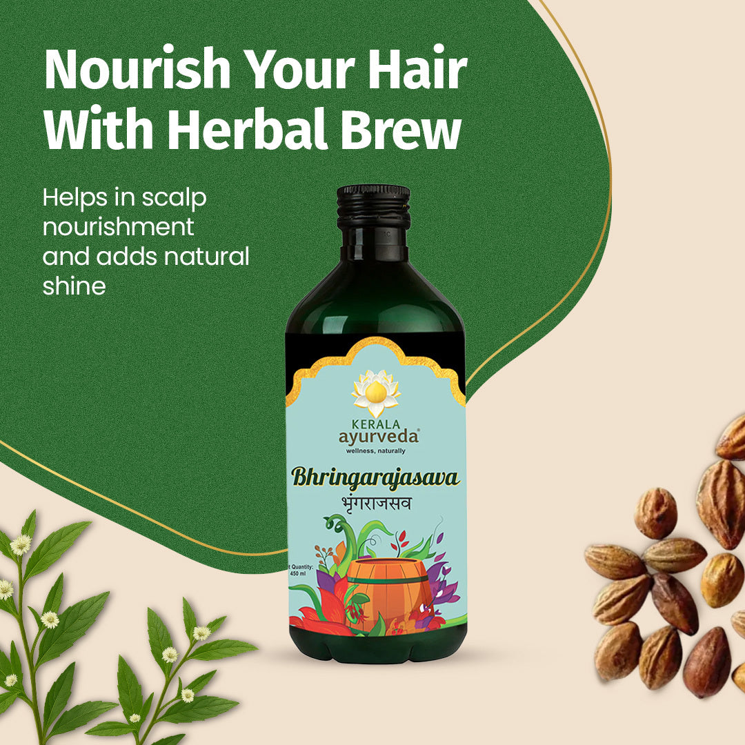 Banner promoting Bhringarajasava Asava to "Nourish Your Hair With Herbal Brew," featuring the product bottle alongside dried Amla and other herbs. It emphasizes help in scalp nourishment and adding natural shine. – Kerala Ayurveda India