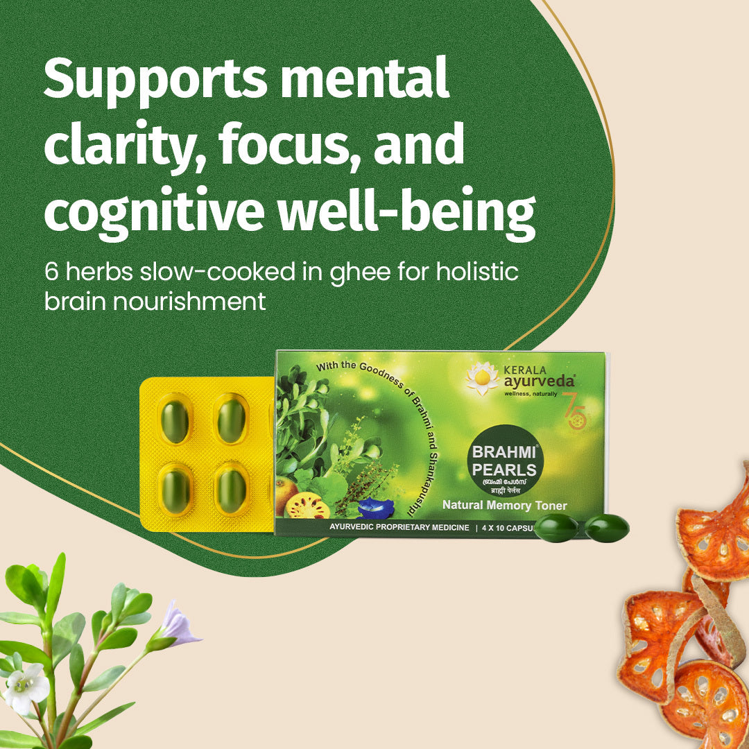 Banner asserting support for mental clarity, focus and well-being with six ghee-cooked herbs, reinforcing Brahmi Pearls as the trusted brahmi for memory and cognition – Kerala Ayurveda India