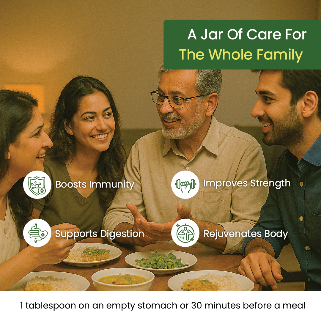 Family at the dinner table with icons for immunity, strength, digestion and rejuvenation, showing chyawanprash benefits for all ages – Kerala Ayurveda India