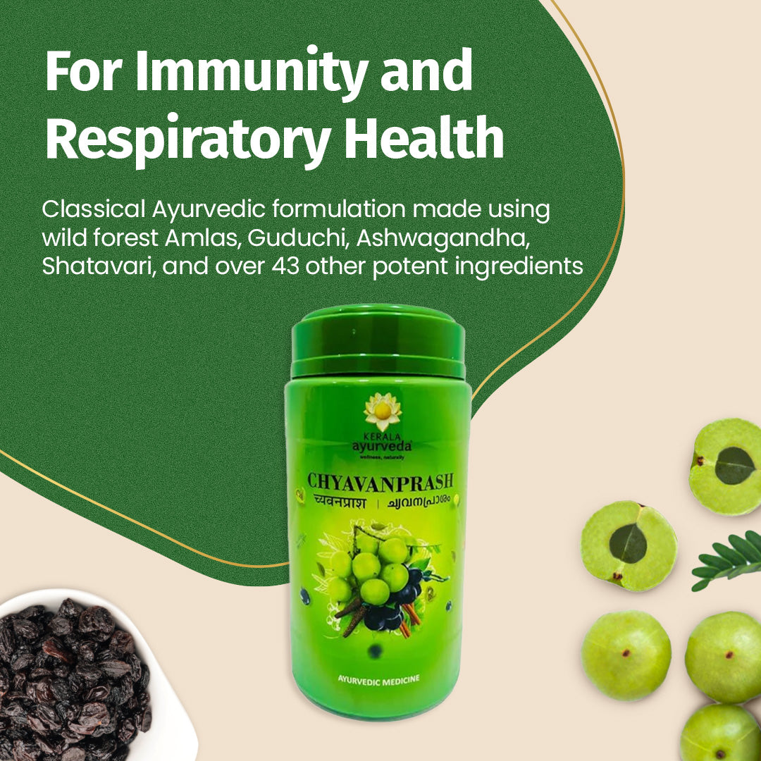 Immunity and respiratory-health banner featuring Chyawanprash jar with amla and raisins, promoting it as a daily ayurvedic herbal immunity tonic – Kerala Ayurveda India