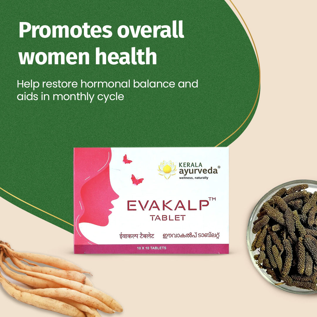 Banner promoting Evakalp Tablet for "overall women health," with the product box surrounded by herbs like Pippali and Shatavari, emphasizing hormonal balance and aid in the monthly cycle. – Kerala Ayurveda India