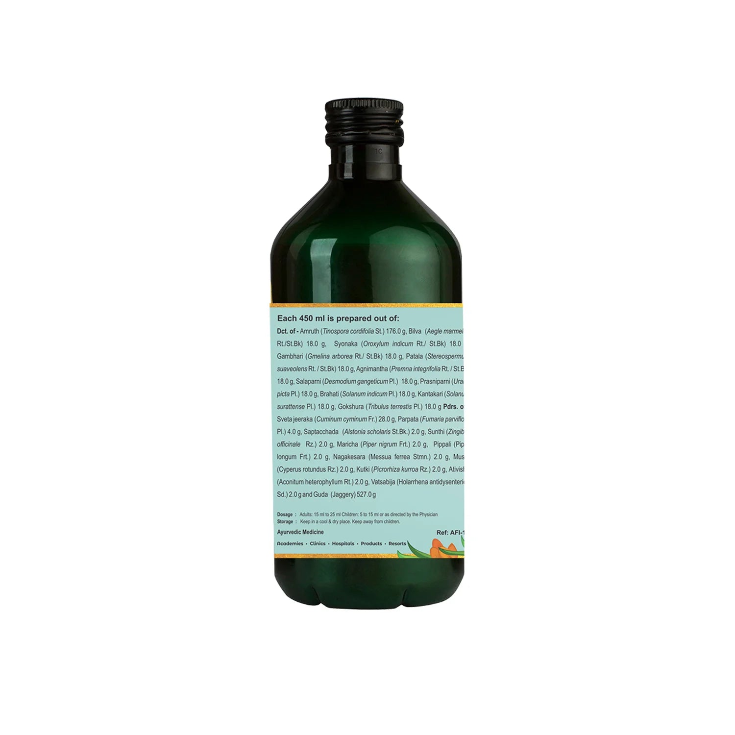 Side view of the Kerala Ayurveda Amrutharishta Arishtam bottle, showing a detailed list of ingredients prepared per 450 ml, along with dosage and storage instructions for this Ayurvedic medicine. – Kerala Ayurveda India