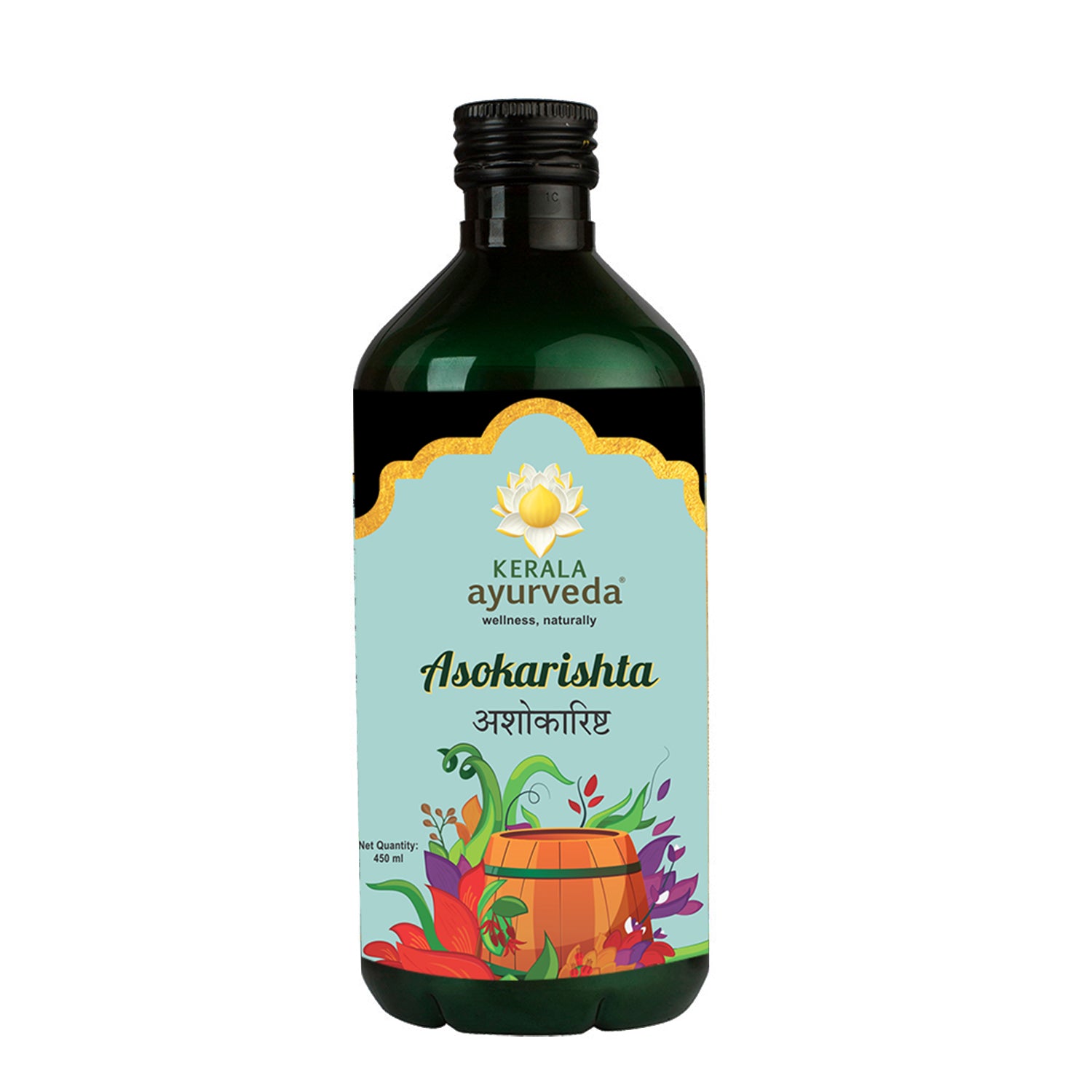 Front view of a dark green glass bottle of Kerala Ayurveda Asokarishta Arishtam, with a light blue label featuring floral and barrel illustrations, and the product name in English and Hindi. It indicates "Net Quantity: 450 ml." – Kerala Ayurveda India