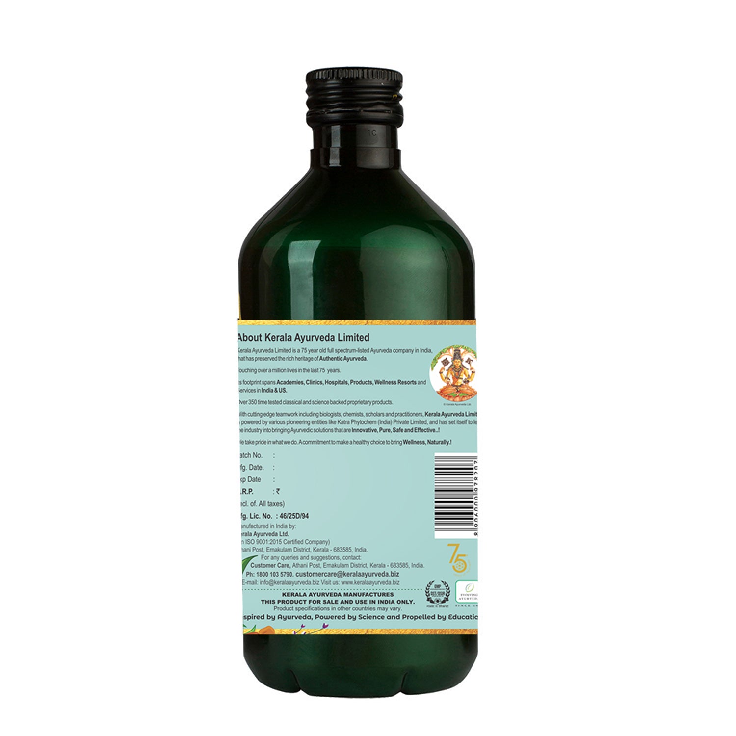 Back view of the dark green glass bottle of Kerala Ayurveda Asokarishta Arishtam, displaying information about Kerala Ayurveda Limited, manufacturing details, customer care contact, and a barcode. – Kerala Ayurveda India