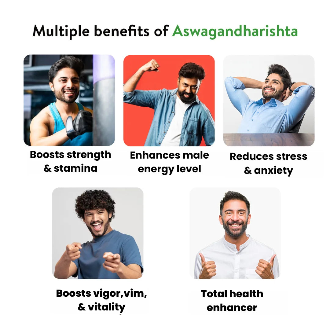 Benefit grid featuring active, confident men and captions such as “boosts stamina,” “enhances male energy” and “reduces stress,” illustrating the holistic advantages of Kerala Ayurveda Aswagandharishta stress relief tonic – Kerala Ayurveda India