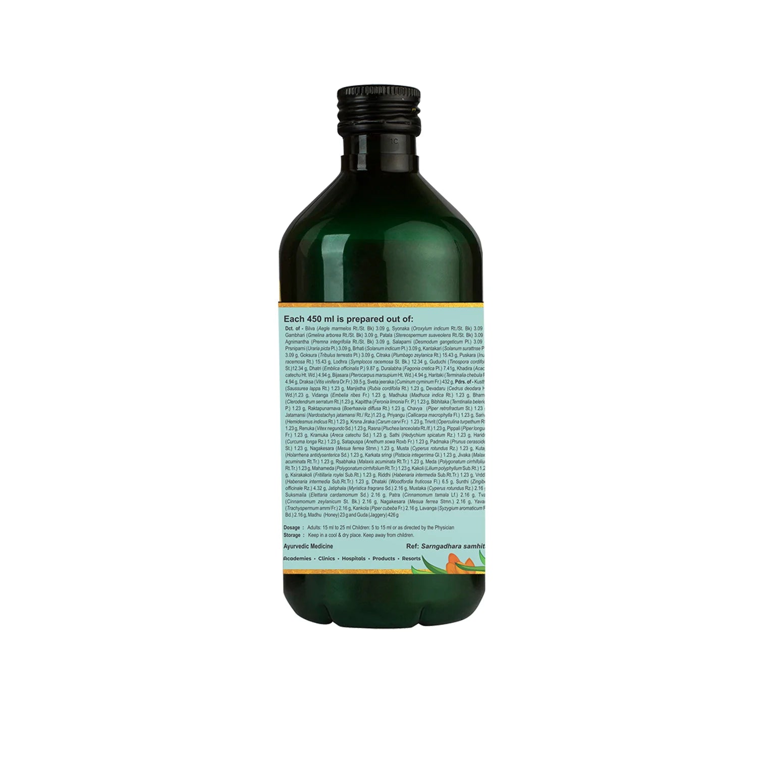 Back-of-bottle view of Kerala Ayurveda Dasamoolarishta showing the detailed ingredient list and dosage instructions on a blue label – Kerala Ayurveda India