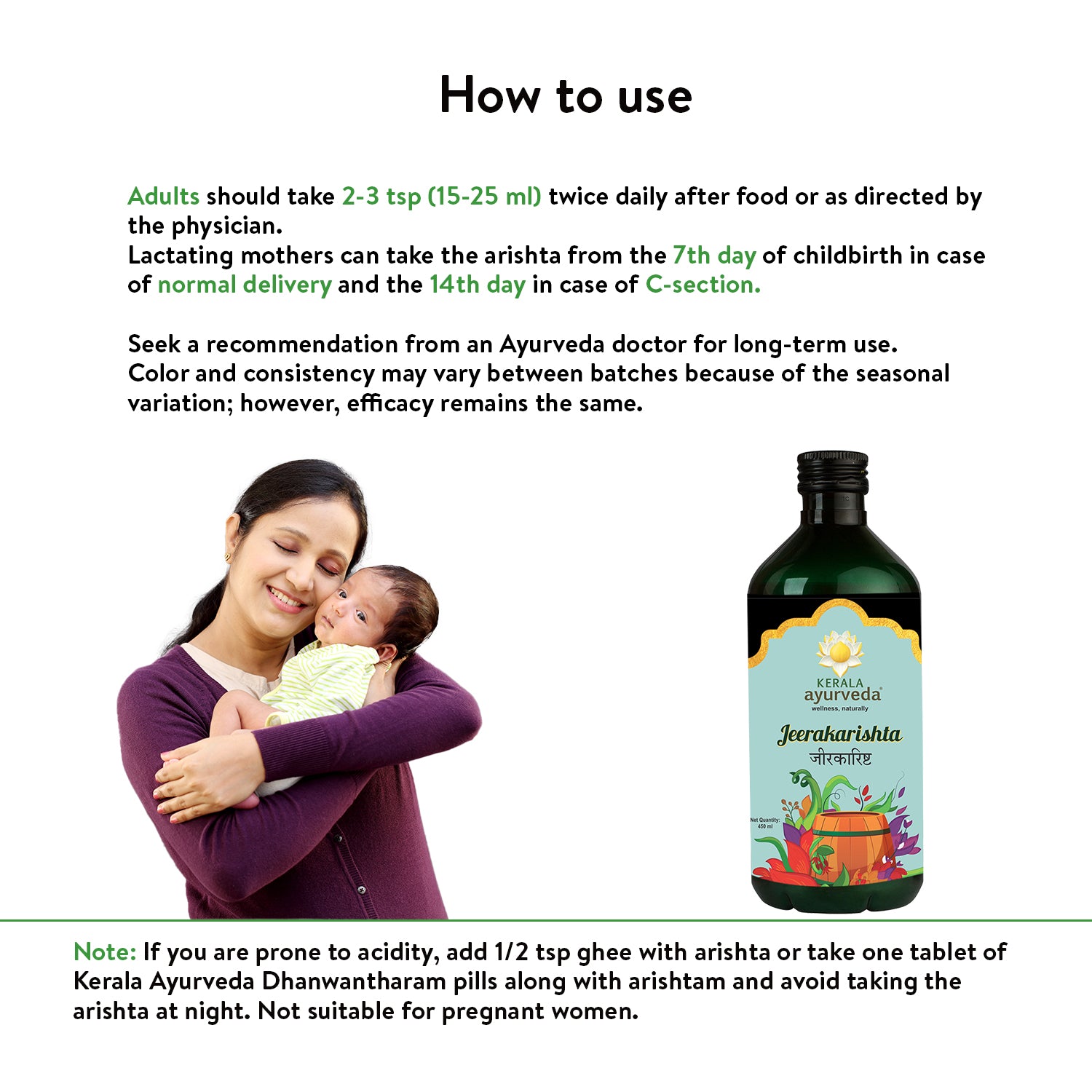 Banner titled "How to use" Jeerakarishta Arishtam, showing a woman holding a baby. It provides dosage instructions for adults and lactating mothers, emphasizes consistent use, and includes a note for those prone to acidity. – Kerala Ayurveda India