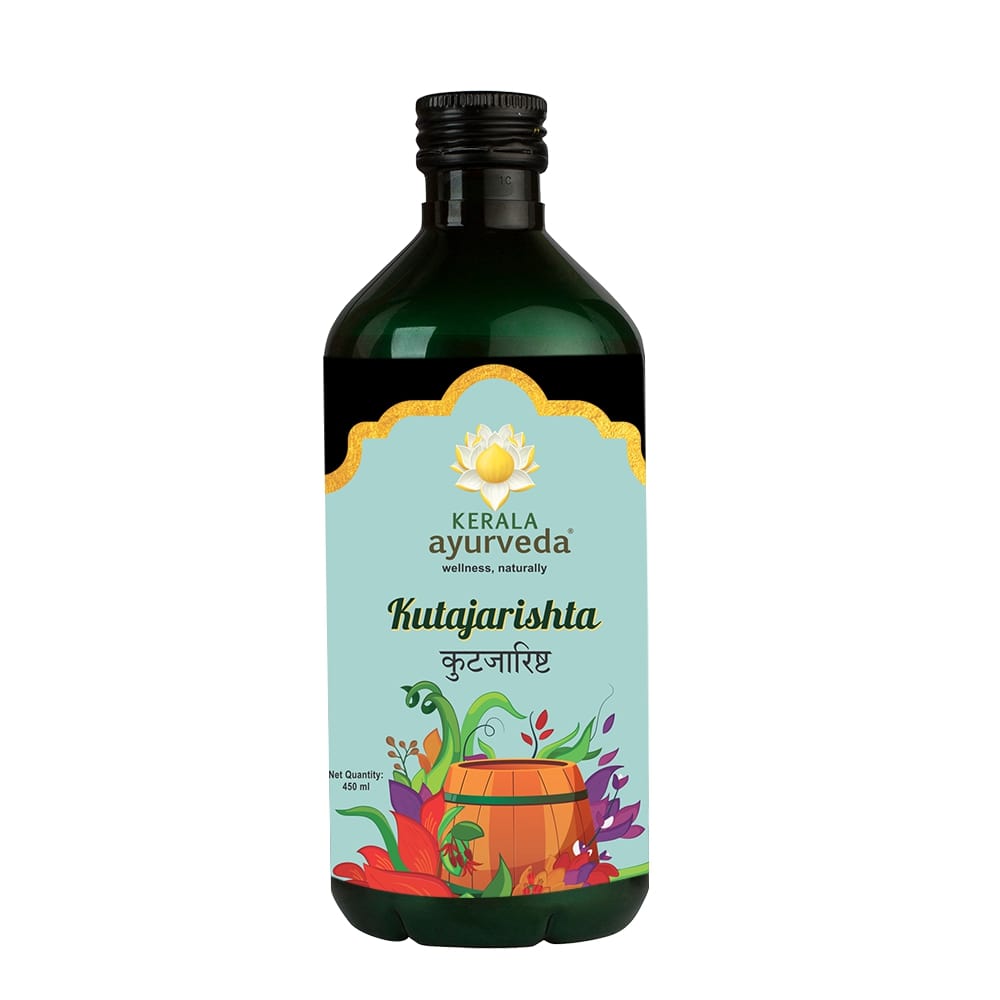 Front view of a dark green glass bottle of Kerala Ayurveda Kutajarishta, with a light blue label featuring floral and barrel illustrations, and the product name in English and Hindi. It indicates "Net Quantity: 450 ml." – Kerala Ayurveda India