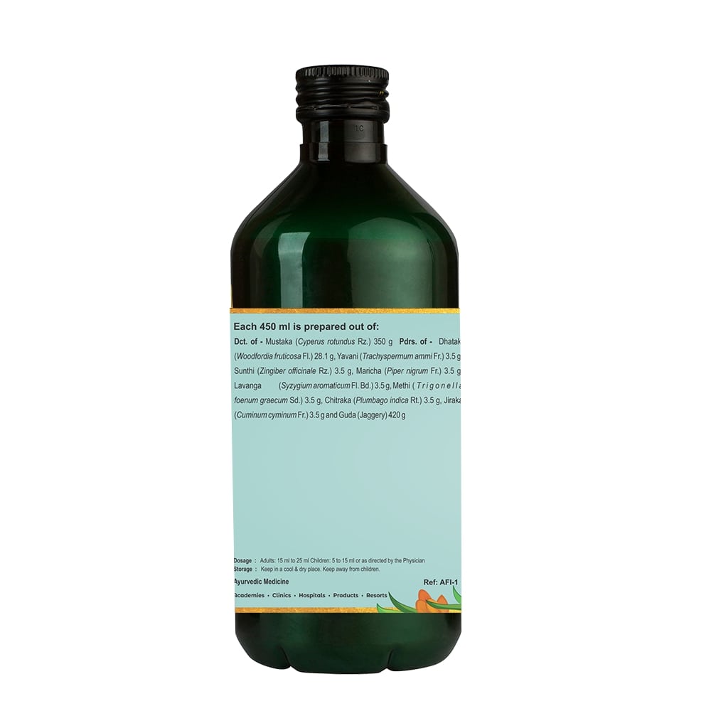 Side view of the dark green glass bottle of Kerala Ayurveda Mustharishta, showing a detailed list of ingredients prepared per 450 ml, and dosage and storage instructions. – Kerala Ayurveda India