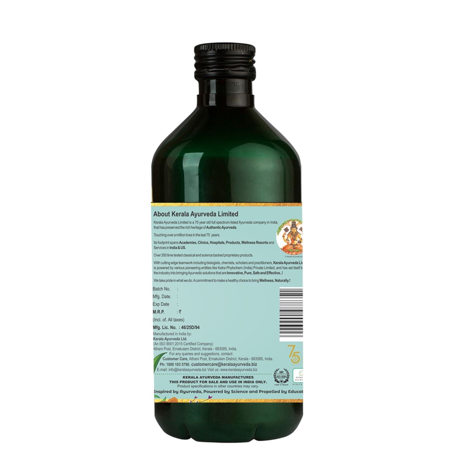Front view of Kerala Ayurveda Parthadyarishta: green glass 450 ml bottle with aqua label, lotus logo and colourful herbal-barrel illustration.