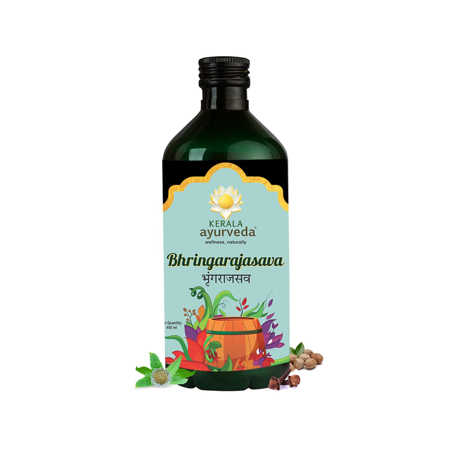 Front view of a dark green glass bottle of Kerala Ayurveda Bhringarajasava Asava, with a light blue label featuring floral and barrel illustrations, and the product name in English and Hindi. It indicates "Quantity: 450 ml". – Kerala Ayurveda India