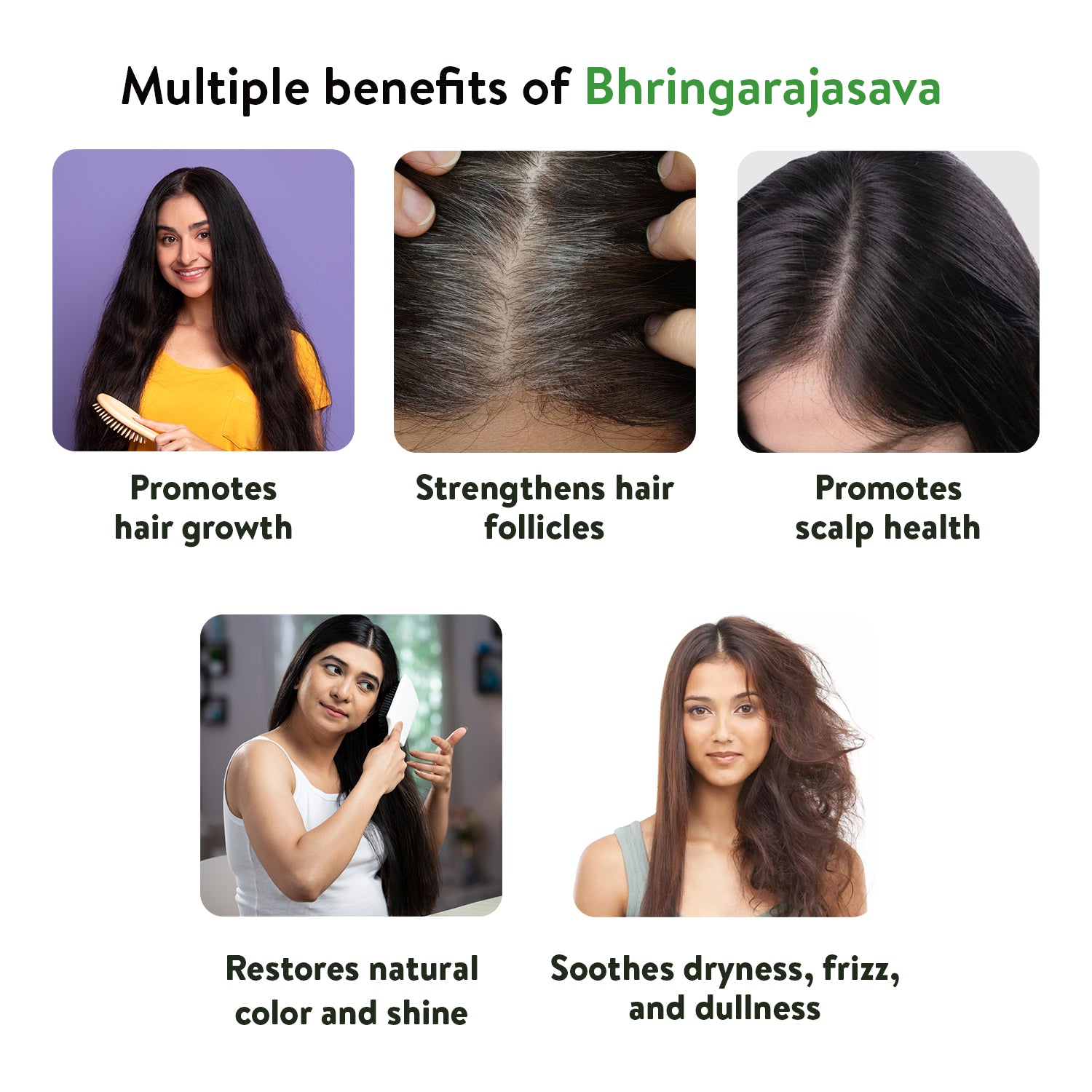 Banner titled "Multiple benefits of Bhringarajasava," showing how Bhringarajasava Asava promotes hair growth, strengthens hair follicles, promotes scalp health, restores natural color and shine, and soothes dryness, frizz, and dullness. – Kerala Ayurveda India