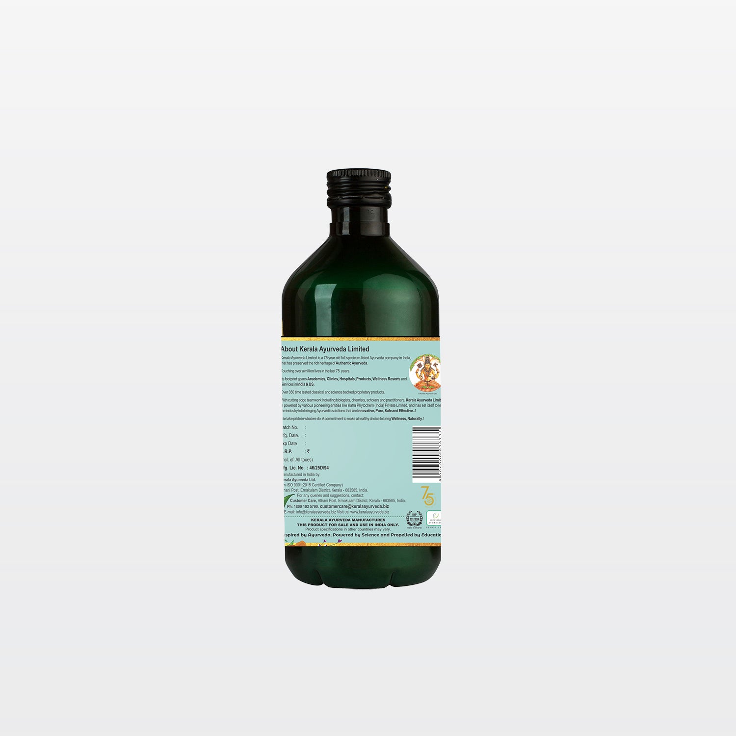 Back view of the dark green glass bottle of Kerala Ayurveda Kanakasava, displaying information about Kerala Ayurveda Limited, manufacturing details, customer care contact, and a barcode. – Kerala Ayurveda India