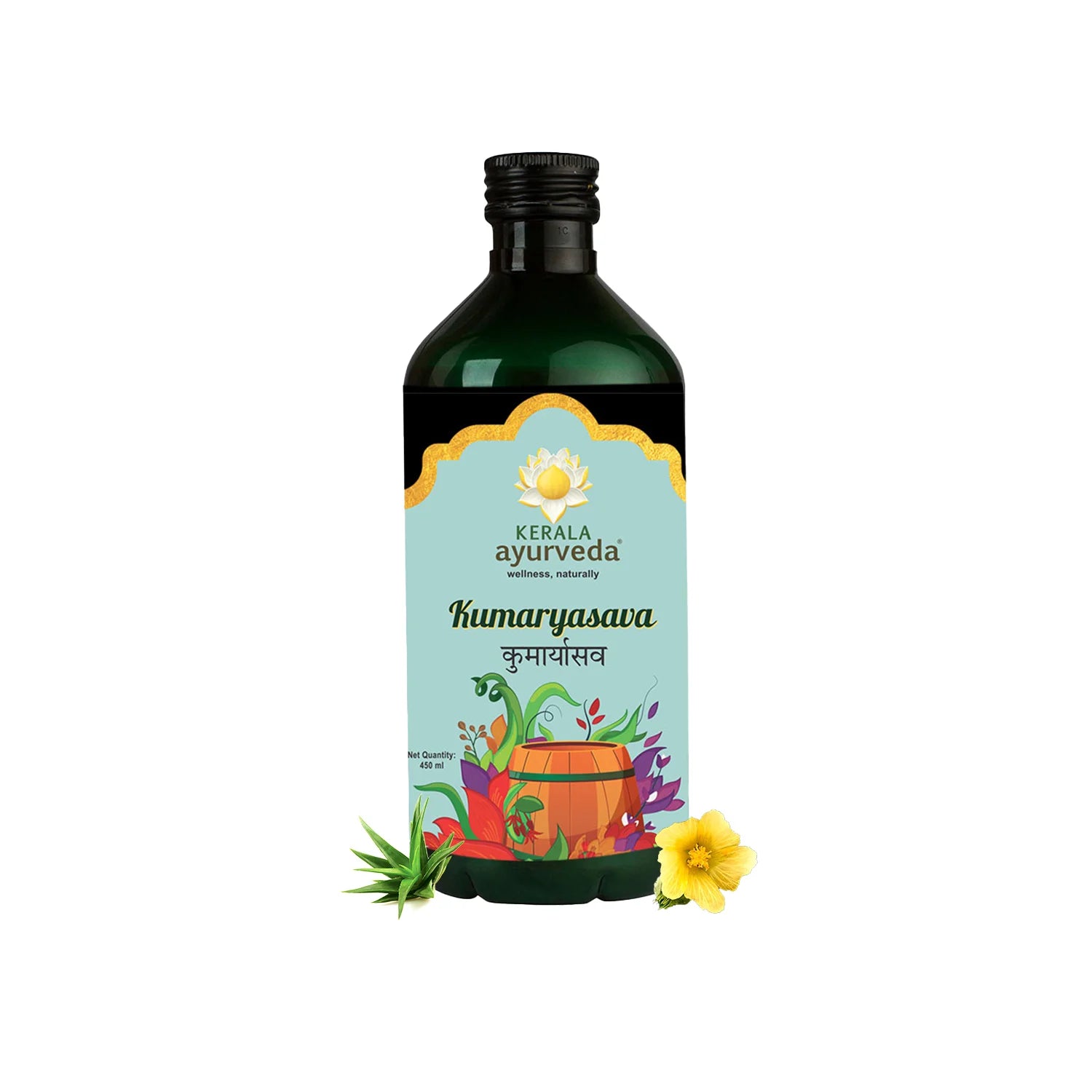 Clean product packshot of Kumaryasava bottle with illustrated herbs, aloe leaf and bala blossom, representing the traditional aloe vera tonic for women’s wellness and liver digestion – Kerala Ayurveda India