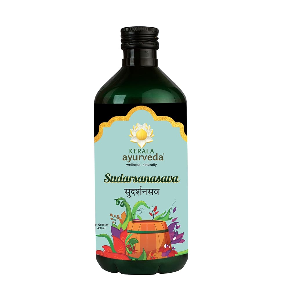 Front view of a dark green glass bottle of Kerala Ayurveda Sudarsanasava, with a light blue label featuring floral and barrel illustrations, and the product name in English and Hindi. It indicates "Net Quantity: 450 ml." – Kerala Ayurveda India