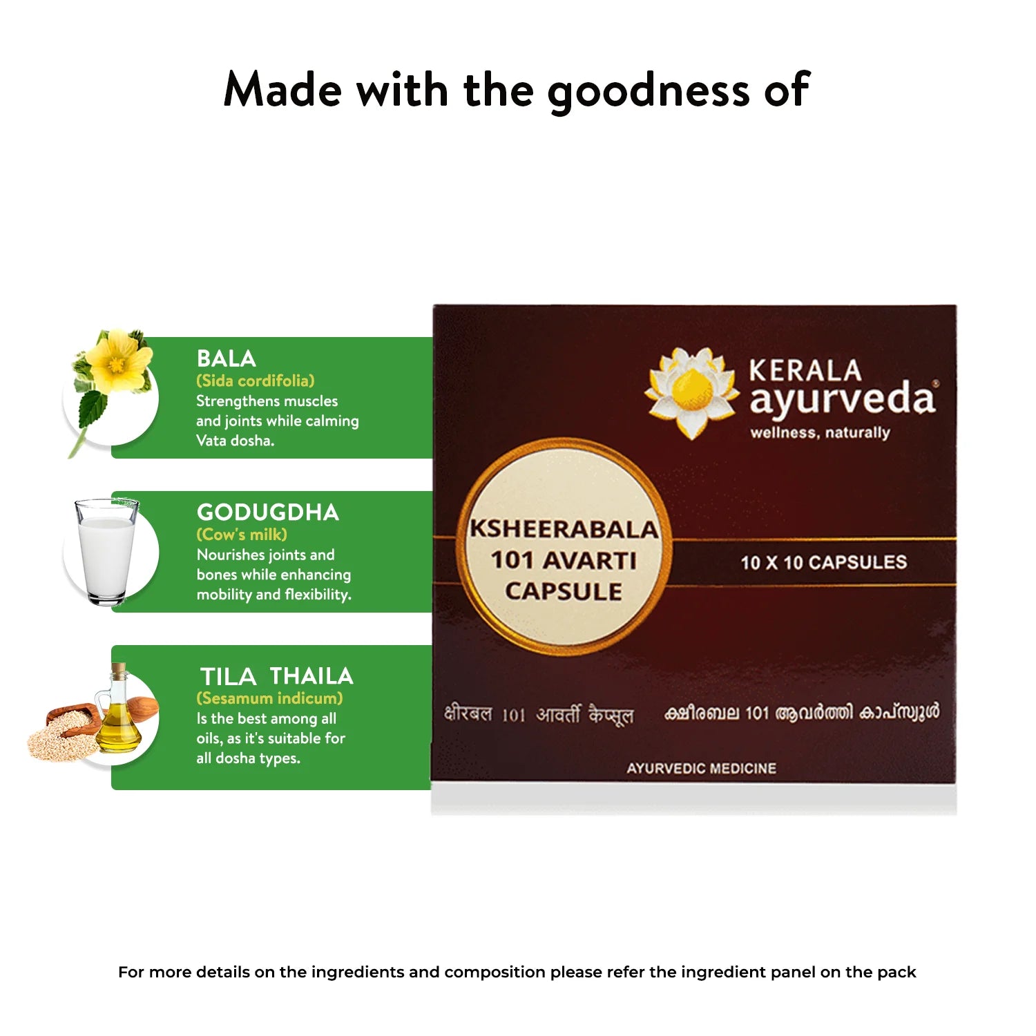 Banner titled "Made with the goodness of" Ksheerabala 101 Avarti Capsule, showcasing key ingredients like Bala, Godugdha (Cow's milk), and Tila Thaila (Sesame oil), with their benefits for strengthening muscles, joints, bones, and overall dosha balance. – Kerala Ayurveda India