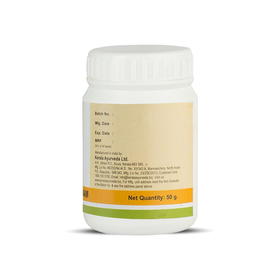 Back view of the Ashta Choornam jar, displaying the net quantity of 50 g, manufacturing details by Kerala Ayurveda Ltd., and customer care contact information. – Kerala Ayurveda India
