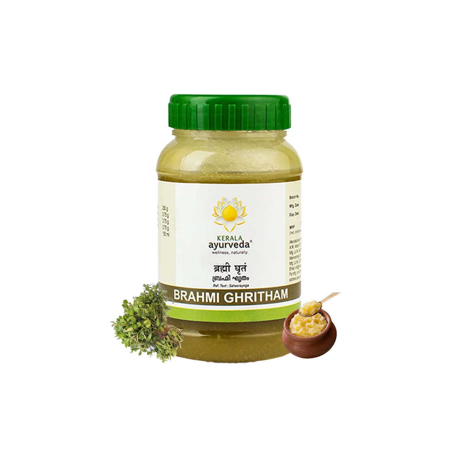 Clean product shot of Kerala Ayurveda Brahmi Ghritham jar with fresh Brahmi sprig and wooden bowl of ghee beside the label – Kerala Ayurveda India