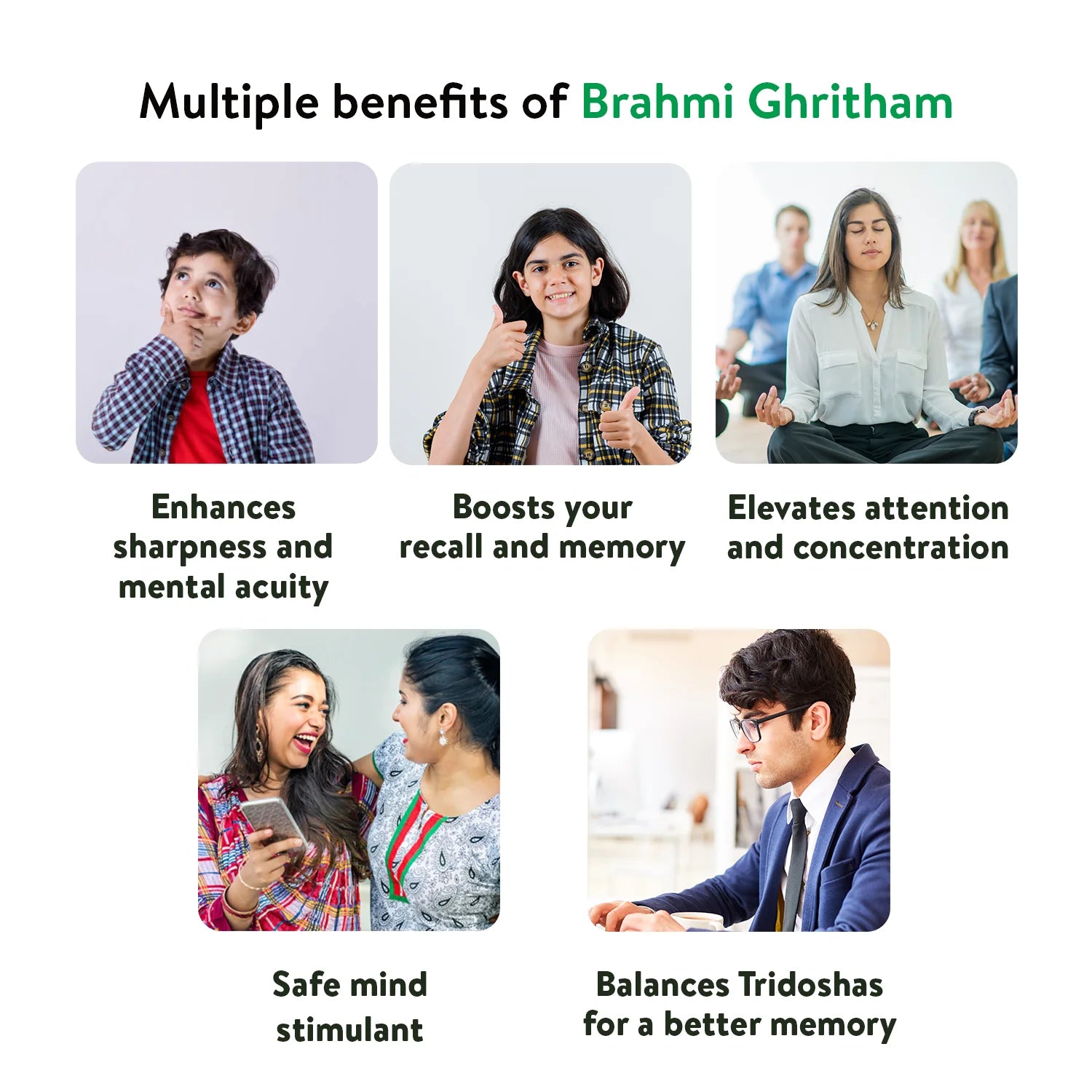 Benefits grid showing children and adults illustrating sharper mind, better memory, improved concentration, safe stimulation and Tridosha balance from Brahmi Ghritham – Kerala Ayurveda India