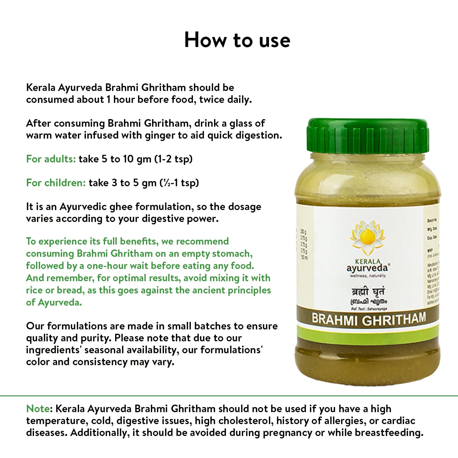 “How to use” poster with Brahmi Ghritham jar and detailed adult/child dosage, empty-stomach tip and caution note for Ayurvedic ghee formulation – Kerala Ayurveda India