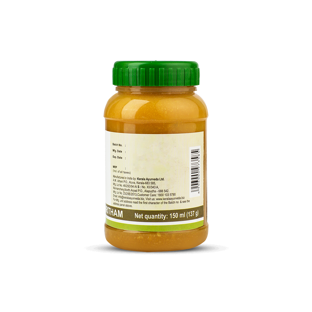 Back view of the Panchagavya Ghritham jar, displaying the net quantity of 150 ml (137 g), and blank fields for Batch No., Mfg. Date, Exp. Date, and MRP. Manufacturing and customer care details are also visible. – Kerala Ayurveda India
