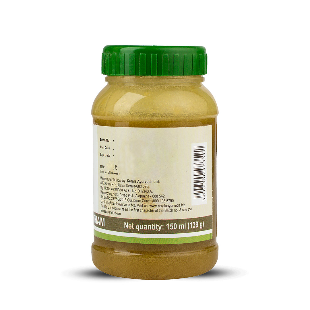 Back view of the Sukumara Ghritham jar, showing the net quantity of 150 ml (139 g), manufacturing details by Kerala Ayurveda Ltd., customer care information, and a barcode. – Kerala Ayurveda India