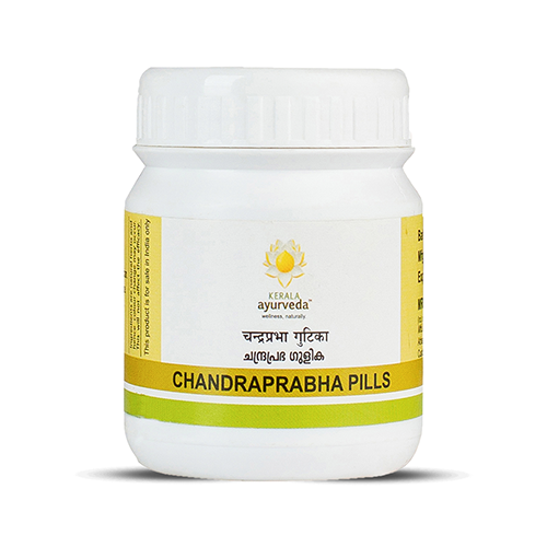 Front view of the Kerala Ayurveda Chandraprabha Gulika jar, displaying the product name as "Chandraprabha Pills" in English and Malayalam, with the brand logo. – Kerala Ayurveda India