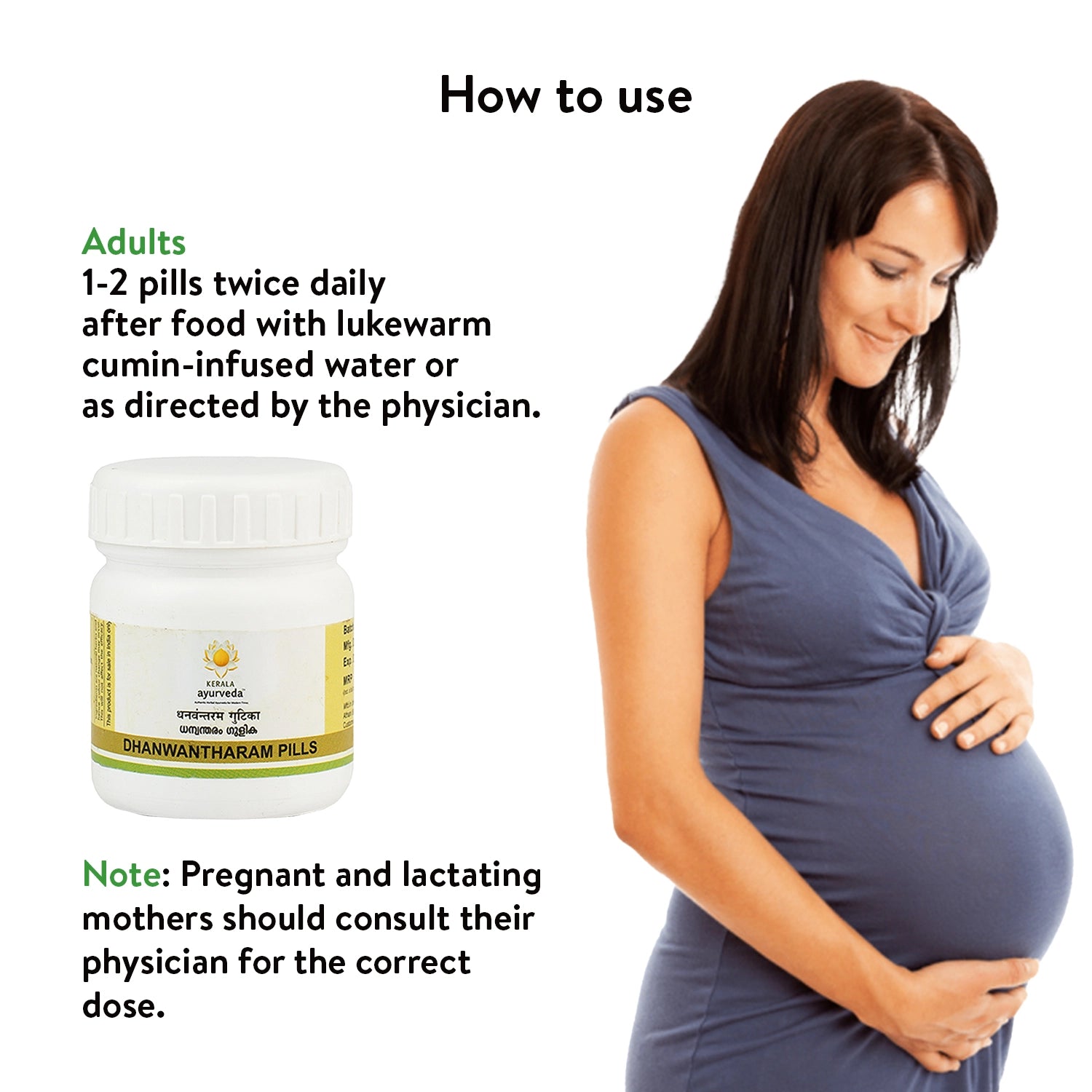 Usage graphic of pregnant woman with dosage note and Dhanwantharam Gulika bottle, highlighting safe intake – Kerala Ayurveda India
