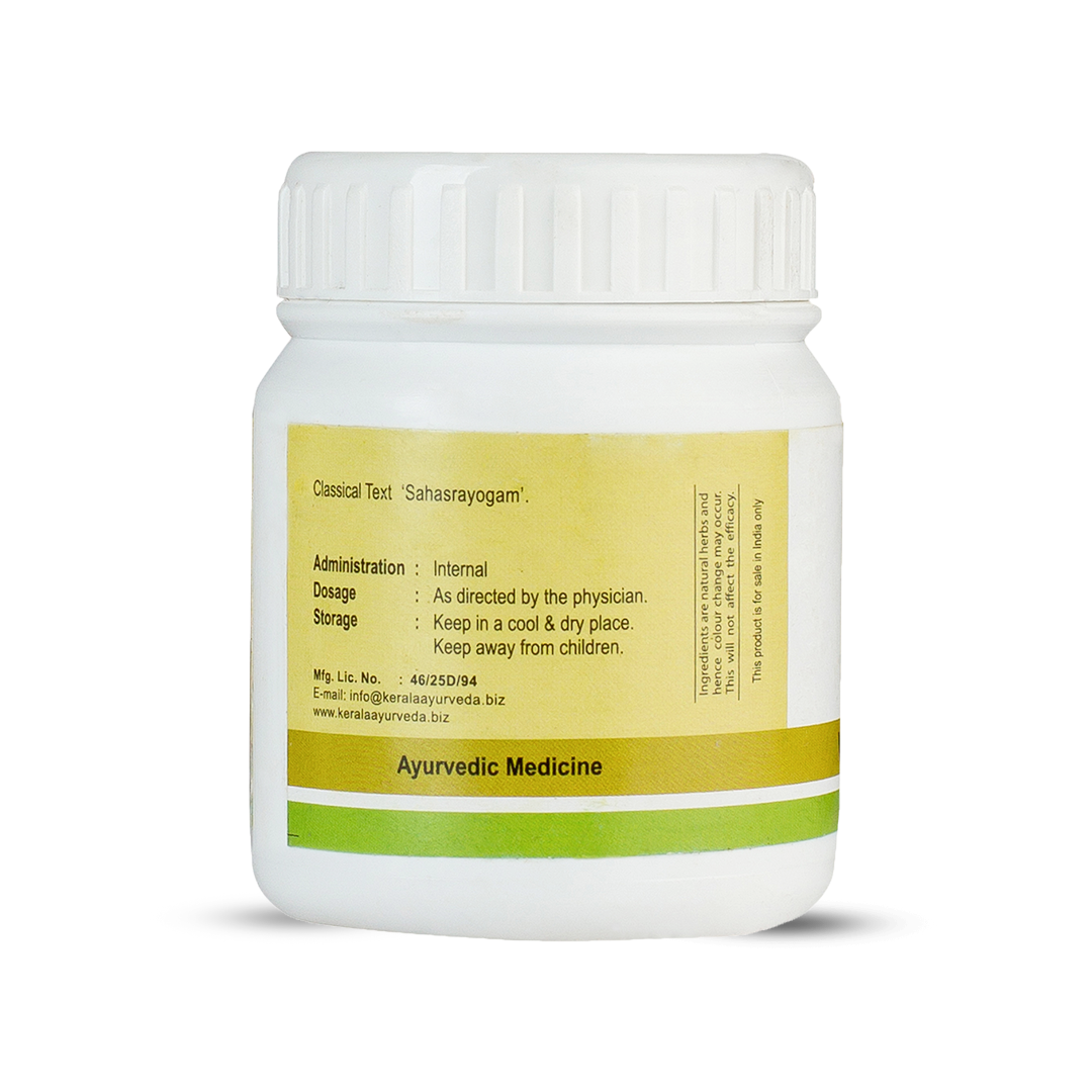 Side view of the Vilwadi Pills jar, displaying "Classical Text 'Sahasrayogam'", administration as "Internal", dosage as "As directed by the physician", and storage instructions. – Kerala Ayurveda India