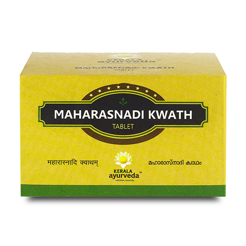 Front view of the Kerala Ayurveda Maharasnadi Kwath Tablet box, with a yellow background and a prominent dark brown label displaying "MAHARASNADI KWATH TABLET" in English and regional scripts. – Kerala Ayurveda India