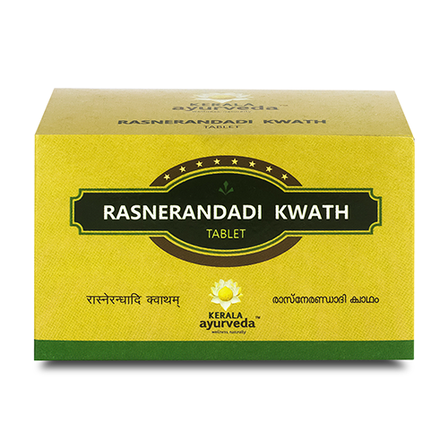 Front view of the Kerala Ayurveda Rasnerandadi Kwath Tablet box, with a yellow background and a prominent black label displaying "RASNERANDADI KWATH TABLET" in English and regional scripts. โ Kerala Ayurveda India