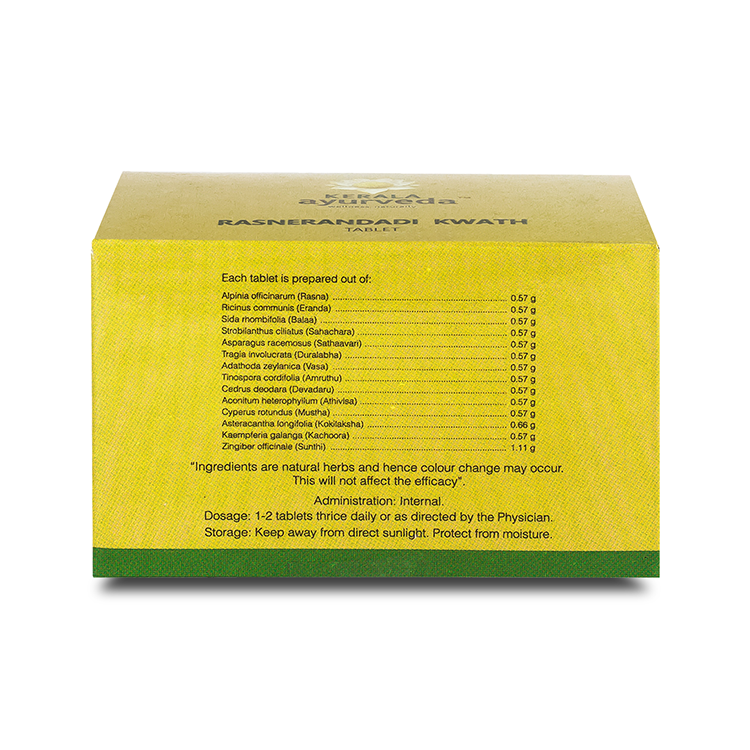 Side view of the Kerala Ayurveda Rasnerandadi Kwath Tablet box, detailing the ingredients per tablet, administration, dosage (1-2 tablets thrice daily), and storage instructions. โ Kerala Ayurveda India