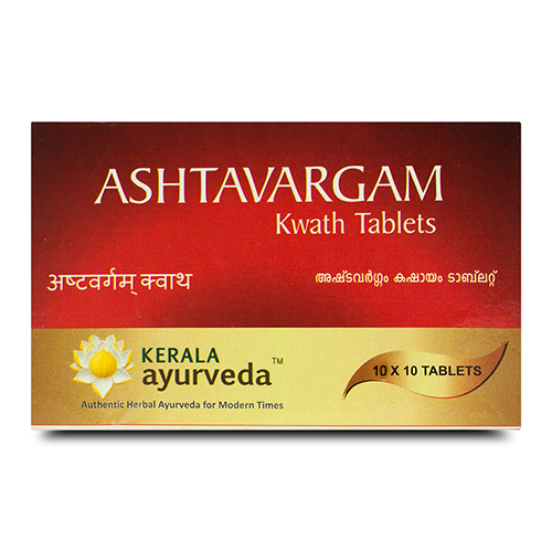 Front view of the Kerala Ayurveda Ashtavargam Kwath Tablet box, with a red and gold design. It prominently displays "ASHTAVARGAM Kwath Tablets" in English and regional scripts, along with "10 X 10 TABLETS". – Kerala Ayurveda India