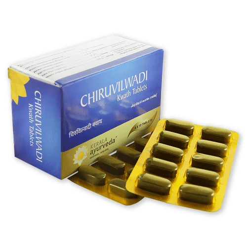 Front view of the Kerala Ayurveda Chiruvilwadi Kwath Tablet box, with a blue and yellow design. It prominently displays "CHIRUVILWADI Kwath Tablets" in English and regional scripts, along with blister packs of tablets. – Kerala Ayurveda India