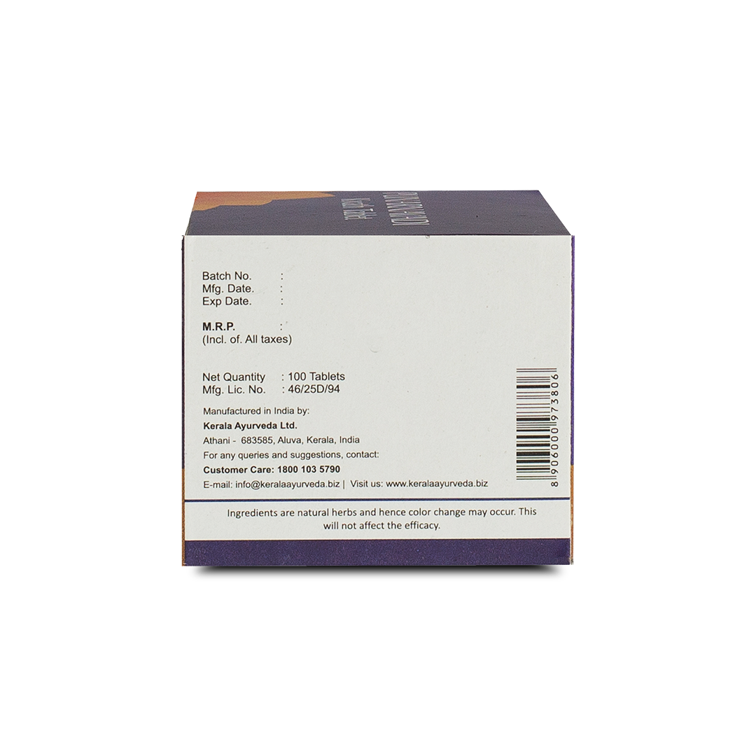 Back view of the Kerala Ayurveda Punarnavadi Kwath Tablet box, showing the net quantity of 100 tablets, manufacturing details by Kerala Ayurveda Ltd., customer care contact, and a barcode. – Kerala Ayurveda India