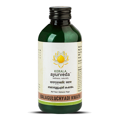 Front view of a dark green glass bottle of Kerala Ayurveda Balaguluchyadi Kwath, with a cream-colored label displaying the product name in English and Malayalam script, along with the Kerala Ayurveda logo. – Kerala Ayurveda India