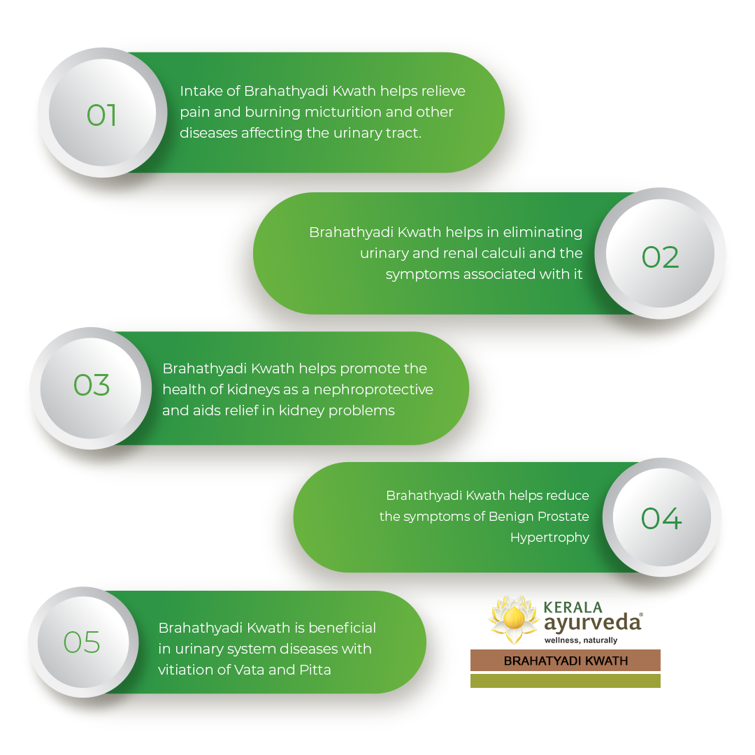 Banner outlining five key benefits of Brahatyadi Kwath, including relieving pain and burning micturition in urinary tract diseases, eliminating urinary and renal calculi, promoting kidney health (nephroprotective), reducing symptoms of Benign Prostate Hypertrophy, and benefiting urinary system diseases with vitiation of Vata and Pitta. – Kerala Ayurveda India
