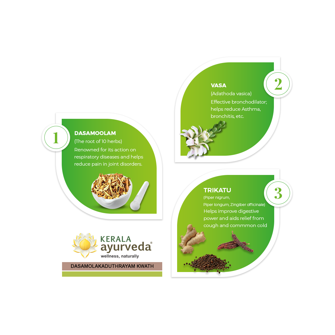 Banner illustrating key ingredients of Dasamoolakaduthrayam Kwath: Dasamoolam, Vasa, and Trikatu, detailing their benefits for respiratory diseases, joint pain, asthma, bronchitis, and digestive power. – Kerala Ayurveda India