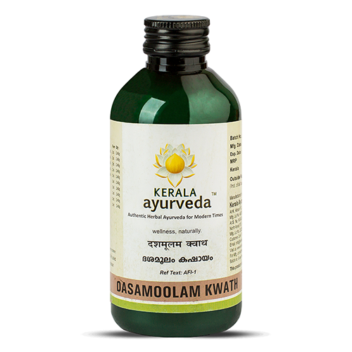 Front view of a dark green glass bottle of Kerala Ayurveda Dasamoolam Kwath, featuring the product name in English and Malayalam script and the Kerala Ayurveda logo. – Kerala Ayurveda India