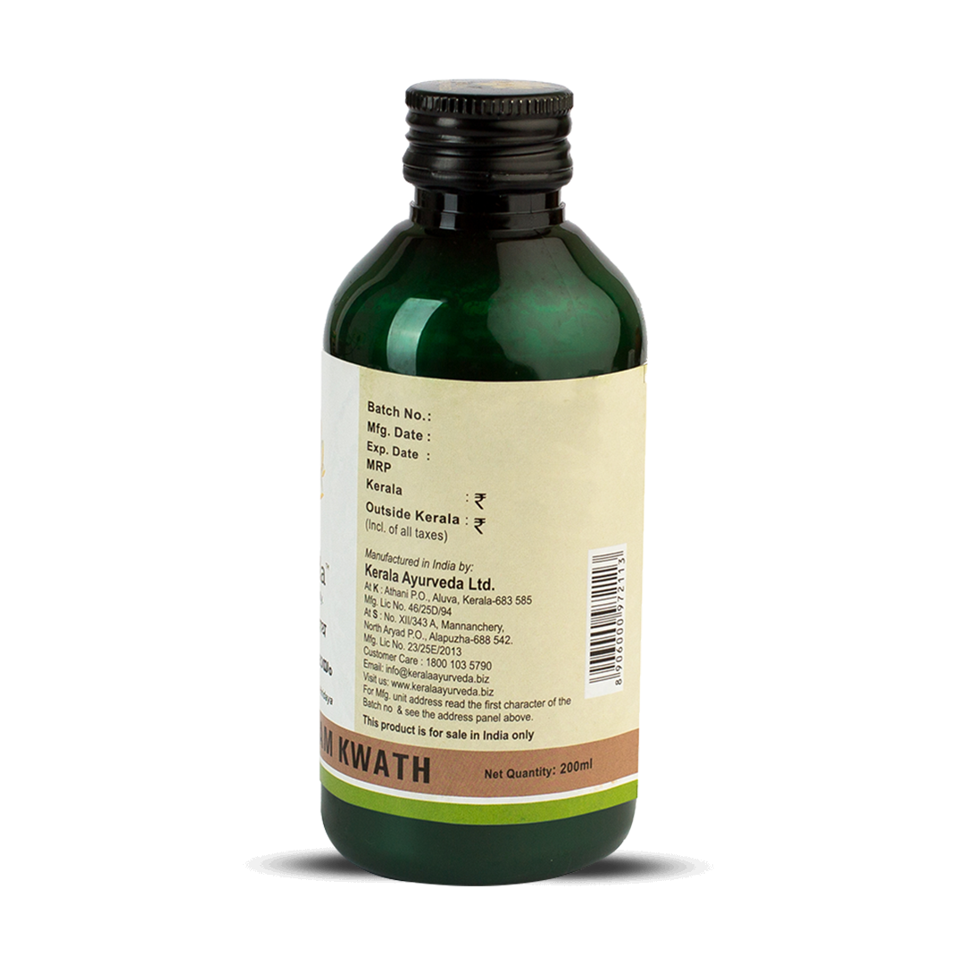 Back view of the dark green glass bottle of Kerala Ayurveda Dhanwantharam Kwath, displaying the net quantity of 200ml, manufacturing details, customer care information, and a barcode. – Kerala Ayurveda India