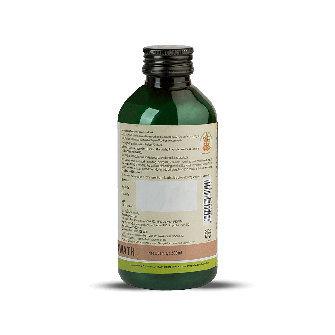 Back view of the dark green glass bottle of Kerala Ayurveda Gandharvahasthadi Kwath, displaying the net quantity of 200ml, manufacturing details, customer care information, and a barcode. – Kerala Ayurveda India